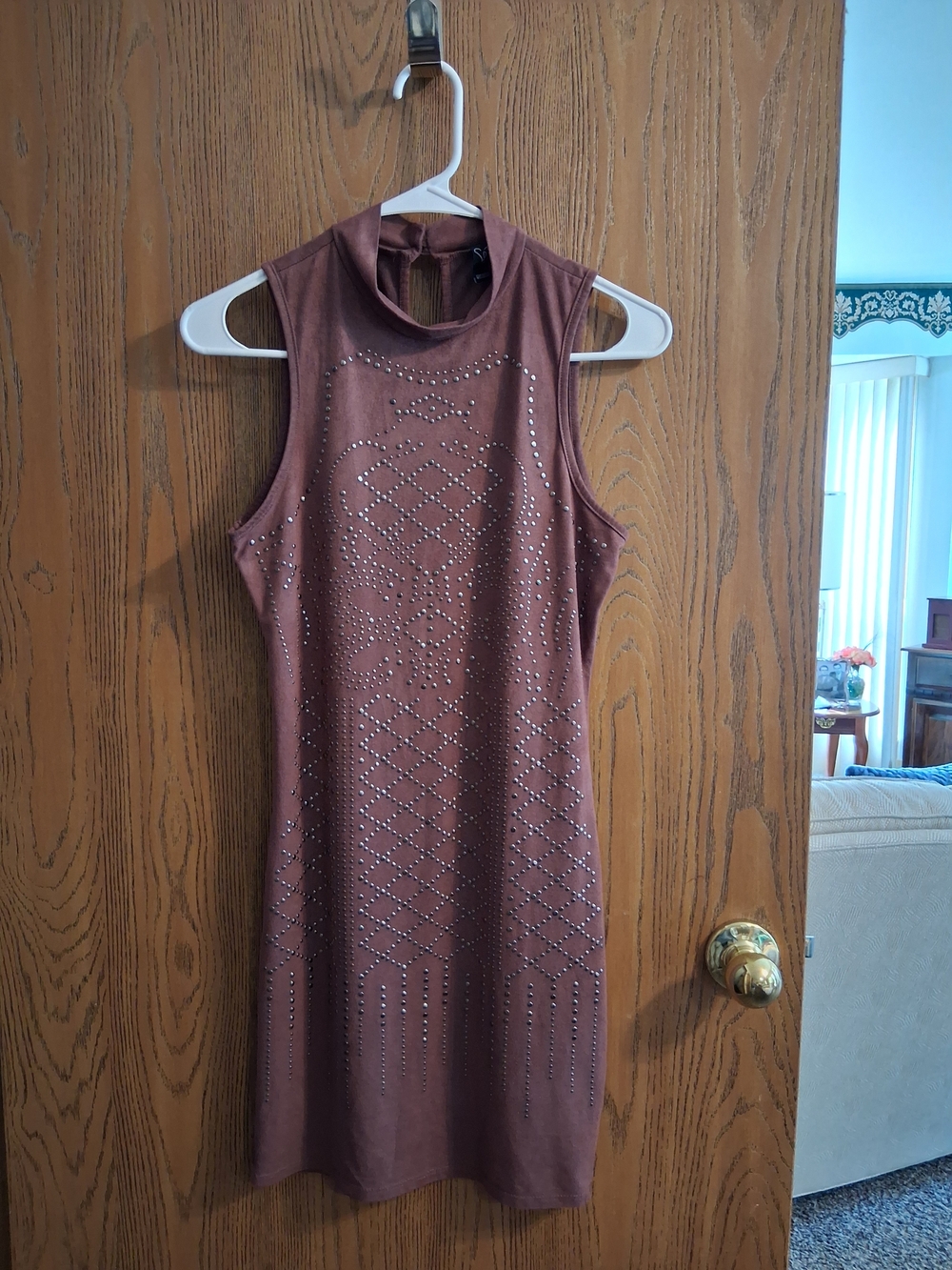 Windsor Purpleish-Brown Studded Sleeveless Mini Dress